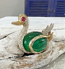 RARE Vintage Trifari Green Jelly Belly Duck Swan Bird Brooch Pin #18