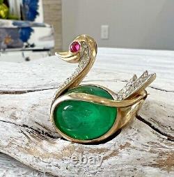 RARE Vintage Trifari Green Jelly Belly Duck Swan Bird Brooch Pin #18
