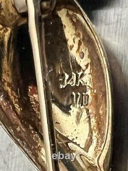 Rare 14K Gold Bird on Branch Enamel Brooch Pin 2.8 g 1950s