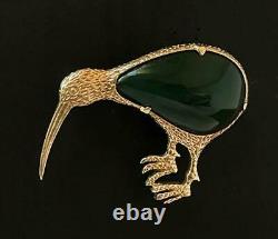 Rare Antique 9ct Gold & New Zealand Greenstone Pounamu Jade Kiwi Bird Brooch
