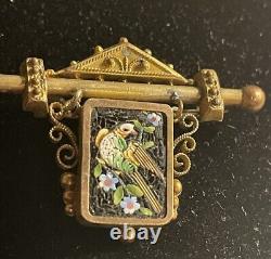 Rare Antique Victorian Italian Gold Micro Mosaic Brooch Bird Floral Pin READ 12K