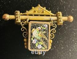 Rare Antique Victorian Italian Gold Micro Mosaic Brooch Bird Floral Pin READ 12K