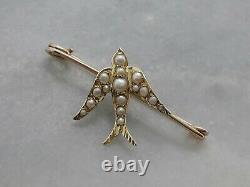 Rare Antique Victorian Solid 15ct Yellow Gold Swallow Bird Pin Brooch Seed Pearl