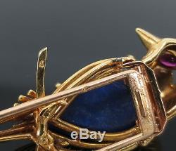 Rare Vintage Cartier Paris Lapis Lazuli & Ruby 18K Yellow Gold Bird Brooch