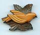 Rare Vintage Carved Bird Bakelite On Wood Leaf Pin Brooch Tested