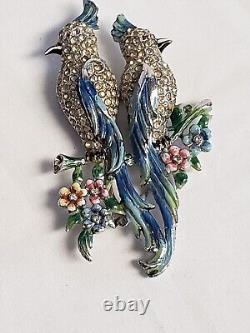 Rare Vintage Coro Duette Calopsitta Enamel Rhodium parrot Bird Fur Clips Brooch