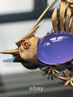 Rare Vintage Designer Sterling silver Brooch Bird -Blue Glass Cabochon