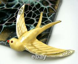 Rare Vintage Enamel Rhinestone Swallow Bird Brooch Marked Coro Des Pat Pend