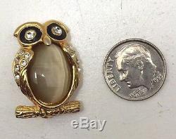 Rare Vintage Estate Enamel Rhinestone Moonstone Jelly Belly Owl Brooch
