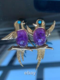 Rare Vintage French Designer Brooch Birds on a Branch. Purple Glass, Turquoise