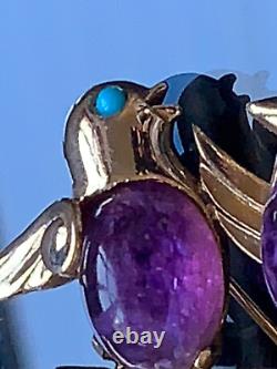 Rare Vintage French Designer Brooch Birds on a Branch. Purple Glass, Turquoise