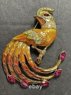 Rare! Vintage Graziano Gold Plated Rhinestone Enamel Bird of Paradise Brooch