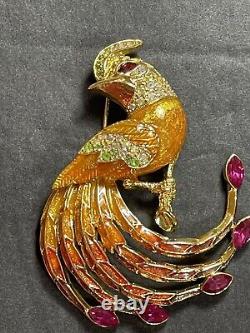 Rare! Vintage Graziano Gold Plated Rhinestone Enamel Bird of Paradise Brooch
