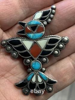 Rare Vintage Zuni Bird Kachina Sterling Silver Turquoise Brooch