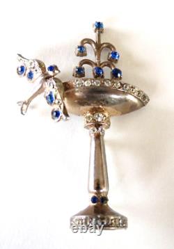 Rare Vtg Coro attributed, unsigned Bird & Fountain Sapphire Blue Stones Old Pin