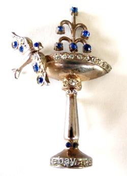 Rare Vtg Coro attributed, unsigned Bird & Fountain Sapphire Blue Stones Old Pin