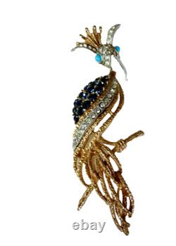 Rare Vtg FLORENZA Signed Bird of Paradise Kingfisher BROOCH Enamel & Rhinestones