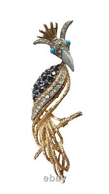 Rare Vtg FLORENZA Signed Bird of Paradise Kingfisher BROOCH Enamel & Rhinestones