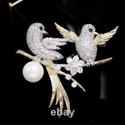 Real Moissanite 2Ct Round Cut Love Birds Brooch Pin 14KYellow Gold Plated Silver