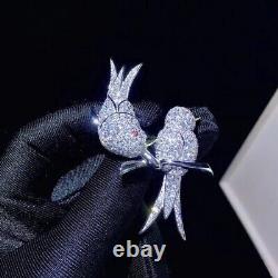 Real Moissanite 2Ct Round Cut Women's Double Birds Brooch 14K White Gold Plated