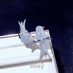 Real Moissanite 2Ct Round Cut Women's Double Birds Brooch 14K White Gold Plated