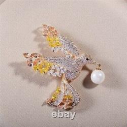 Real Moissanite 2.00Ct Round Birds-of-Paradise Brooch Pin 14K Yellow Gold Plated