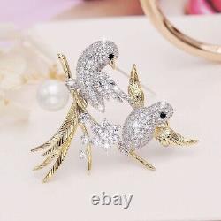 Real Moissanite 2.00Ct Round Cut Love Birds Brooch Pin 14K Yellow Gold Plated