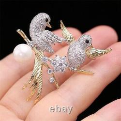 Real Moissanite 2.00Ct Round Cut Love Birds Brooch Pin 14K Yellow Gold Plated