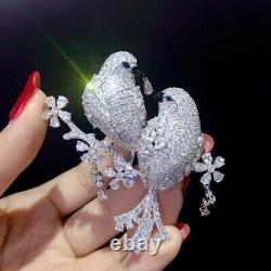 Real Moissanite 3Ct Round Cut Women's Double Birds Brooch 14K White Gold Plated