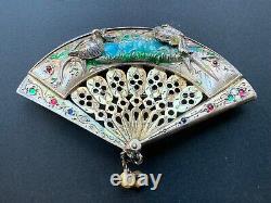Remarkable French Antique Sterling Silver 925 Brooch Birds on a Lake, Blue Enamel