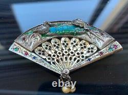 Remarkable French Antique Sterling Silver 925 Brooch Birds on a Lake, Blue Enamel