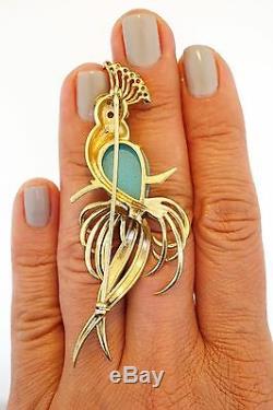 Retro Diamond Turquoise Ruby 14K Yellow Gold Vintage Crowned Bird Pin Brooch
