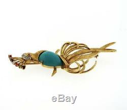 Retro Diamond Turquoise Ruby 14K Yellow Gold Vintage Crowned Bird Pin Brooch