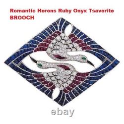 Romantic Herons Ruby Onyx Tsavorite Bird Brooch White CZ 925 Sterling Silver