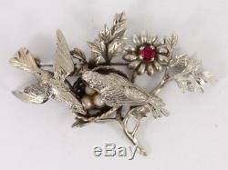 Ruby and Seed Pearl Bird Brooch Sterling Silver Zeeta Vintage 925 10.4g Cn23