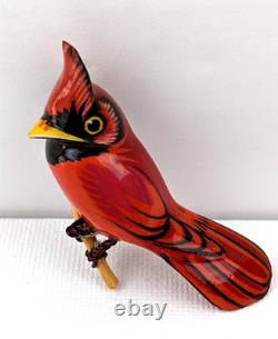 Scarce Vintage Takahashi Large Cardinal Carved Wood Hand Painted Brooch Pin