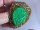 Shield With Hand Carved Jade Stone Bird Flowers Vintage Gold Brooch V-3871#