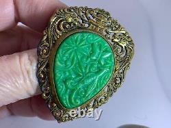 Shield With Hand Carved Jade Stone Bird Flowers Vintage Gold Brooch V-3871#