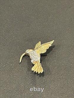 Signed 14K Vintage HUMMINGBIRD BROOCH Pin Bird Diamond Yellow Gold Jewelry EUC