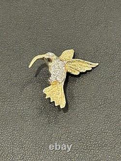 Signed 14K Vintage HUMMINGBIRD BROOCH Pin Bird Diamond Yellow Gold Jewelry EUC