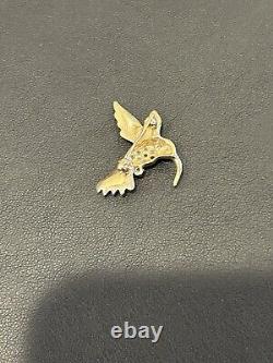 Signed 14K Vintage HUMMINGBIRD BROOCH Pin Bird Diamond Yellow Gold Jewelry EUC