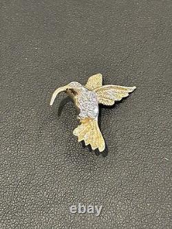 Signed 14K Vintage HUMMINGBIRD BROOCH Pin Bird Diamond Yellow Gold Jewelry EUC