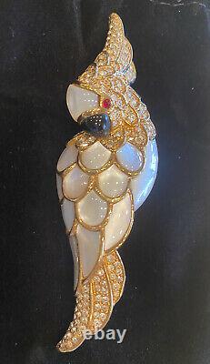 Signed Vintage Judith Leiber Jeweled Mother Of Pearl Cockatoo Brooch