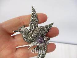 Signed Vintage Sterling Marcasite Phoenix Bird Of Paradise Large 4 Brooch