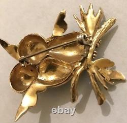 Solid Yellow Gold 18K Enamel Birds Brooch/Pin Vintage