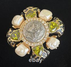 St John Brooch Maltese Cross Roman Coin Faux Pearl With Green And White Crystals