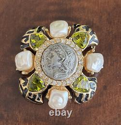 St John Brooch Maltese Cross Roman Coin Faux Pearl With Green And White Crystals