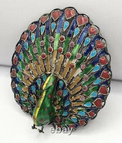Sterling Silver Large Peacock Bird Figural Enamel Heart Standing Brooch Pin