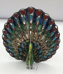 Sterling Silver Large Peacock Bird Figural Enamel Heart Standing Brooch Pin