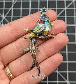 Sterling Silver Multicolor Enamel Marcasite Peacock Bird Vintage Brooch Pin